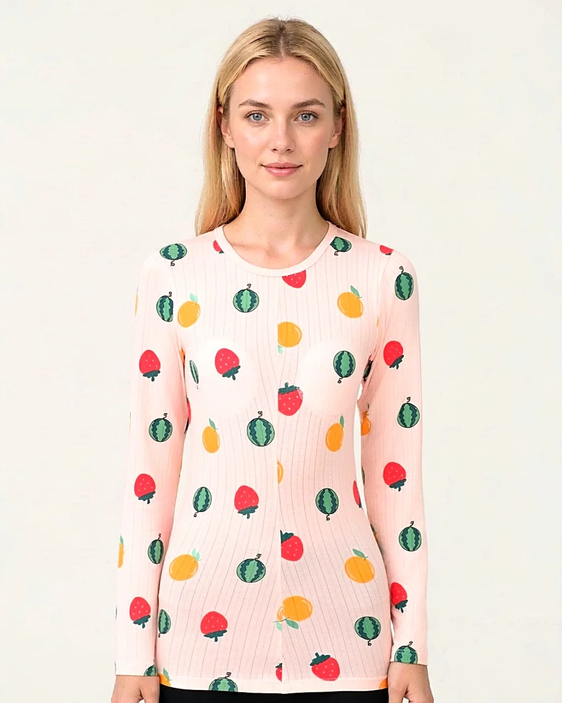 Rib long-sleeve top, white with strawberry print